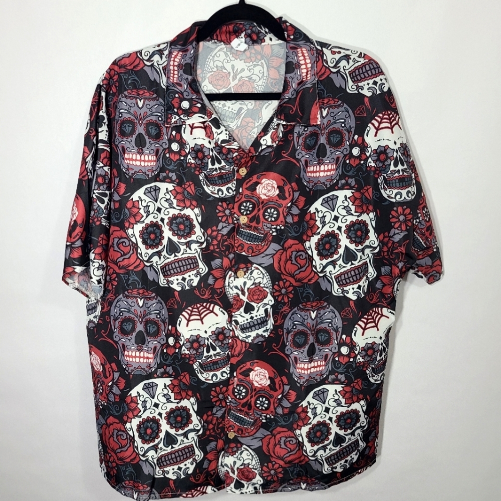 Chicyea Men's Size Medium M Button Down Top Skull Shirt‎ Grunge Goth